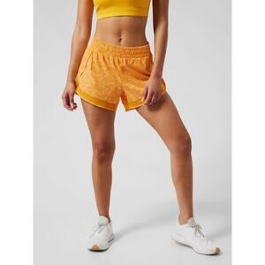 Athleta Printed Mesh Racer Run Short 4" Womens M Yellow Zip Pocket Lined Logo